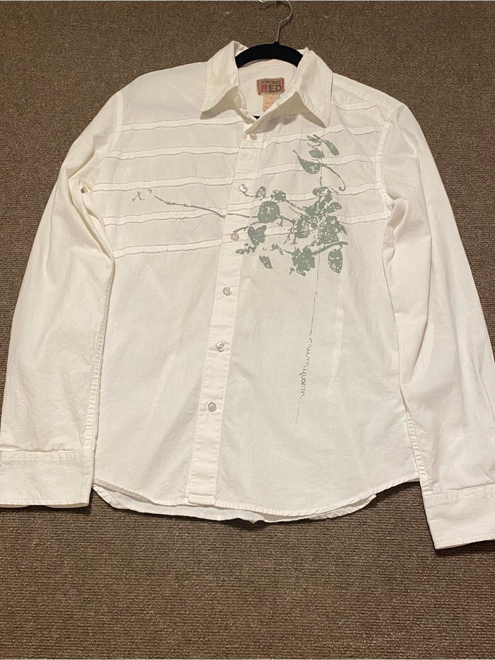 Vintage Red Long-Button-Up Shirt with Sage Botanical Print Boho M